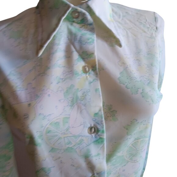 Small 32 Vintage 70's Sheer Nylon Disco Shirt Blouse Scenic Country Print Green - Picture 2 of 10